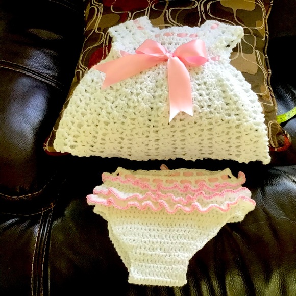 custom made baby girl dress in white with pink ribbon